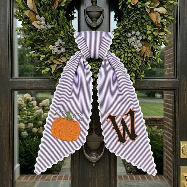Personalized Fall Wreath Sash, Custom Embroidered Monogram Pumpkin Seersucker Door Ribbon