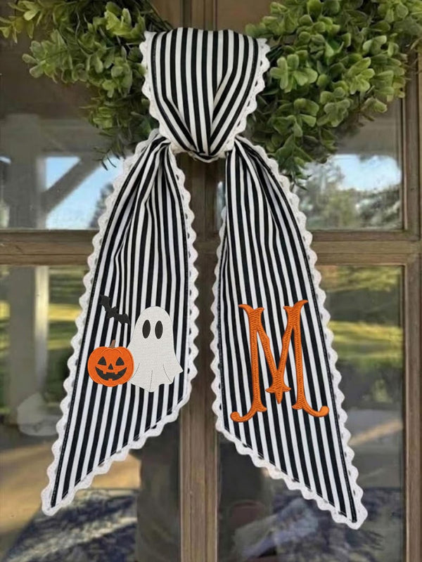 Embroidered Ghost Pumpkin Wreath Sash, Striped Ribbon Door Hanger, Halloween Cottagecore Decor