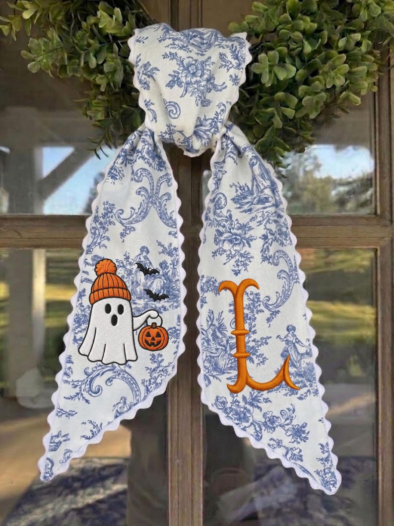 Embroidered Ghost Wreath Sash, Trick or Treat Striped Ribbon, Scalloped Lace Edge Halloween Door Sash