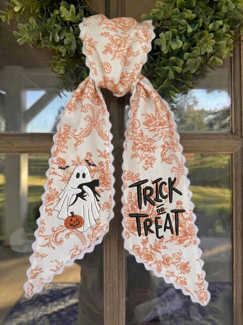 Embroidered Ghost Wreath Sash, Trick or Treat Striped Ribbon, Scalloped Lace Edge Halloween Door Sash