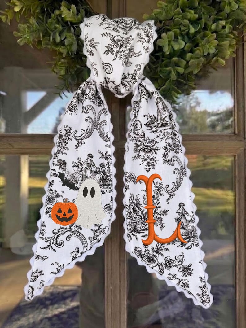Embroidered Ghost Wreath Sash, Trick or Treat Striped Ribbon, Scalloped Lace Edge Halloween Door Sash
