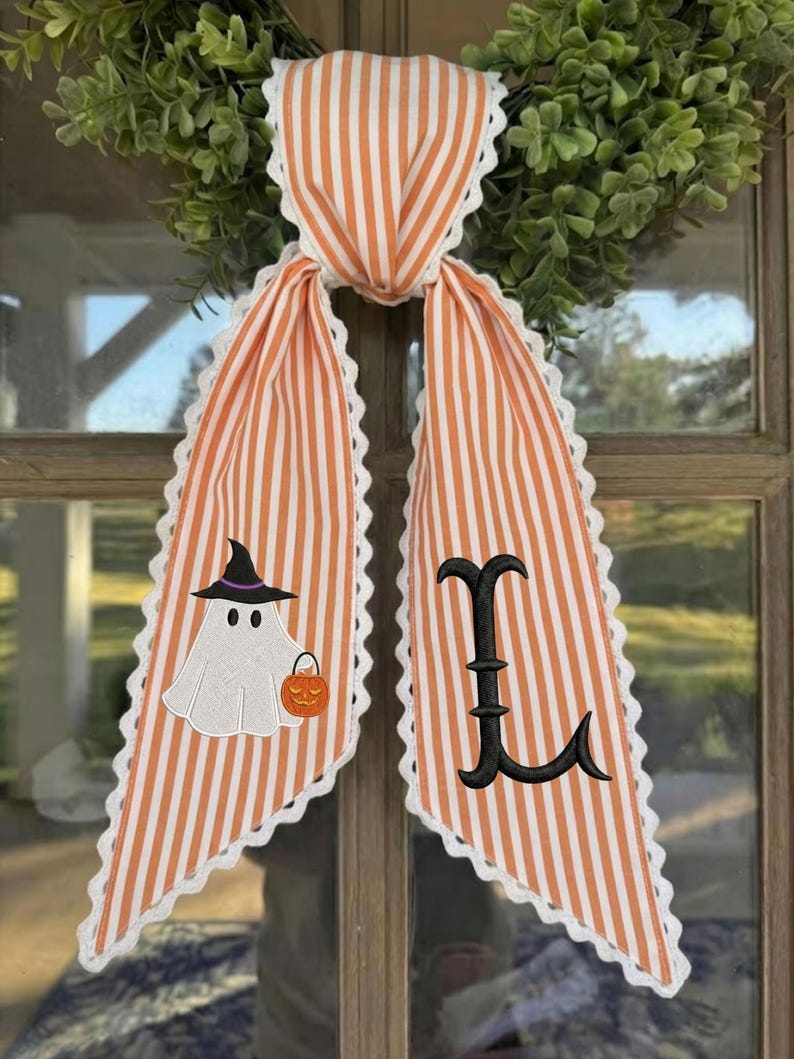 Embroidered Ghost Wreath Sash, Trick or Treat Striped Ribbon, Scalloped Lace Edge Halloween Door Sash