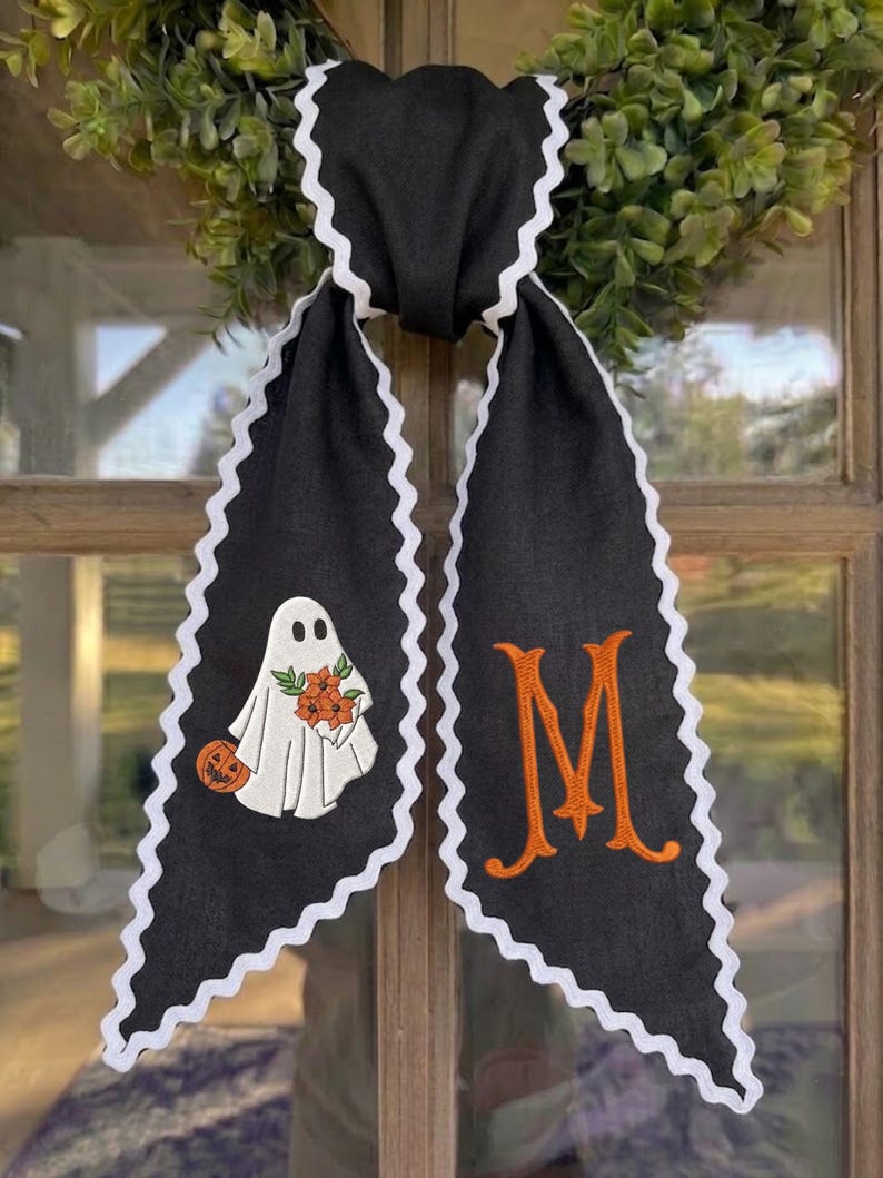 Embroidered Ghost Wreath Sash, Trick or Treat Striped Ribbon, Scalloped Lace Edge Halloween Door Sash