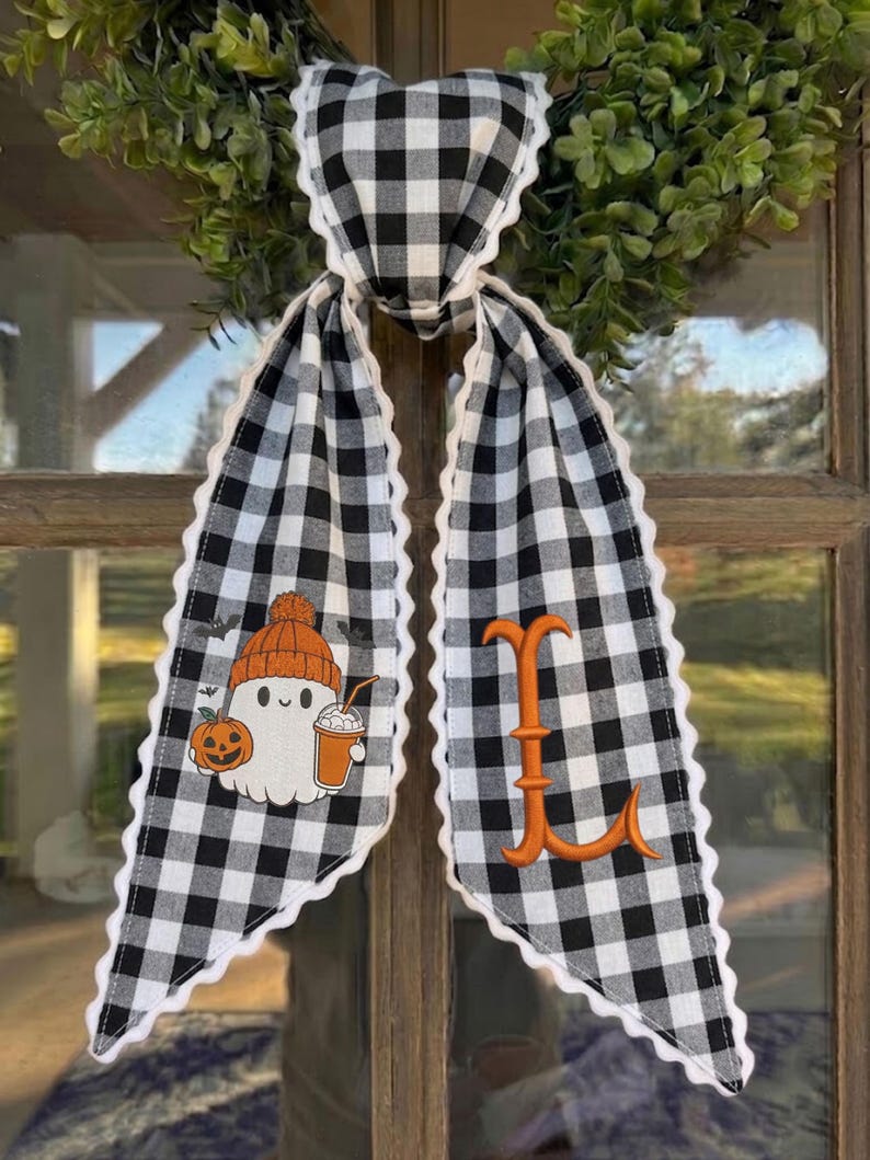 Embroidered Ghost Wreath Sash, Trick or Treat Striped Ribbon, Scalloped Lace Edge Halloween Door Sash