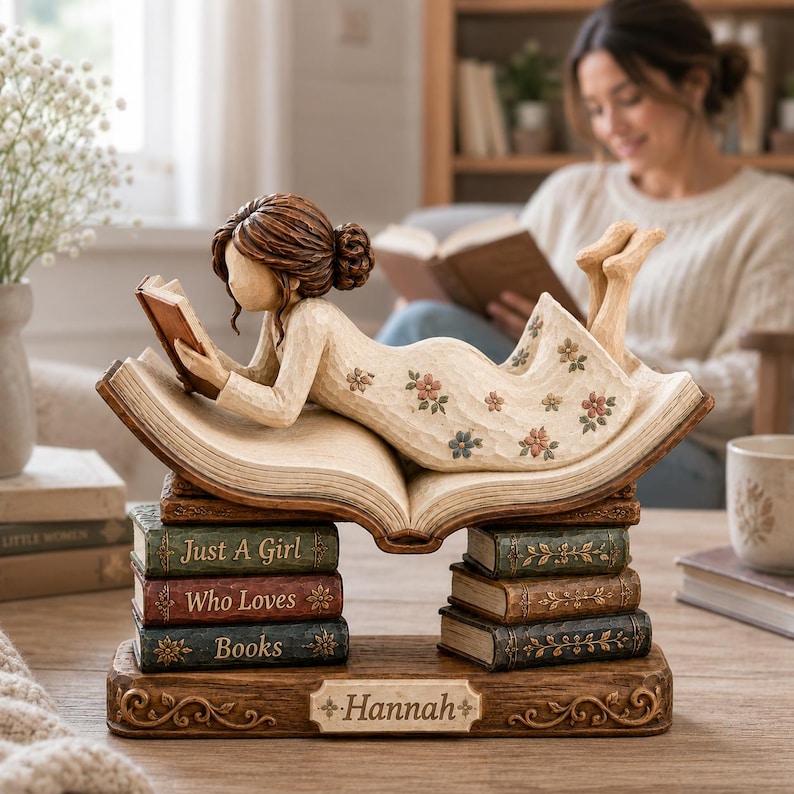 Personalized Reading Girl Wooden Block, Just A Girl Who Loves Books, Bookworm Shelf Decor, Book Lover Gift