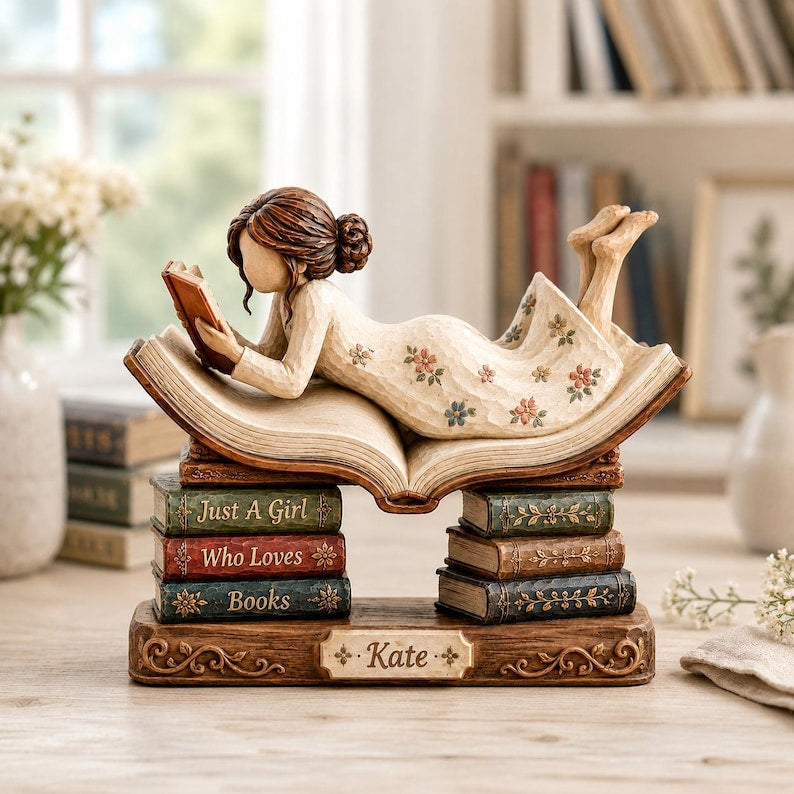 Personalized Reading Girl Wooden Block, Just A Girl Who Loves Books, Bookworm Shelf Decor, Book Lover Gift