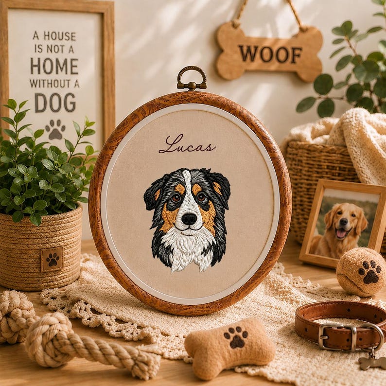 Personalized Pet Portrait Embroidery Hoop Art, Custom Dog Memorial Gift, Embroidered Pet Portrait From Photo