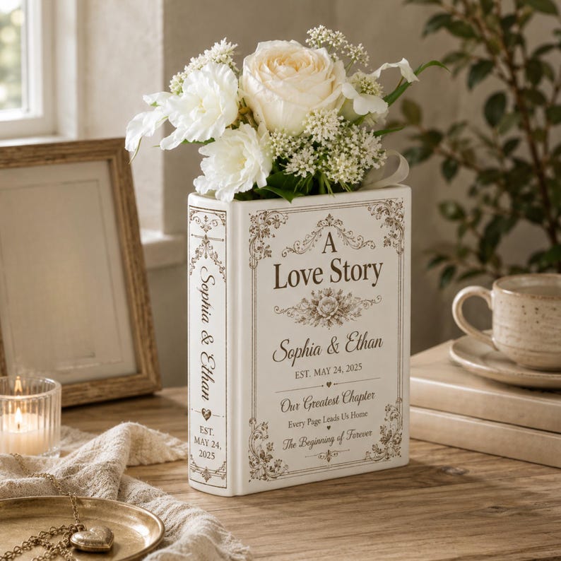 Book Vase Ceramic, Wedding Gift Decor, Romantic Book Flower Vase