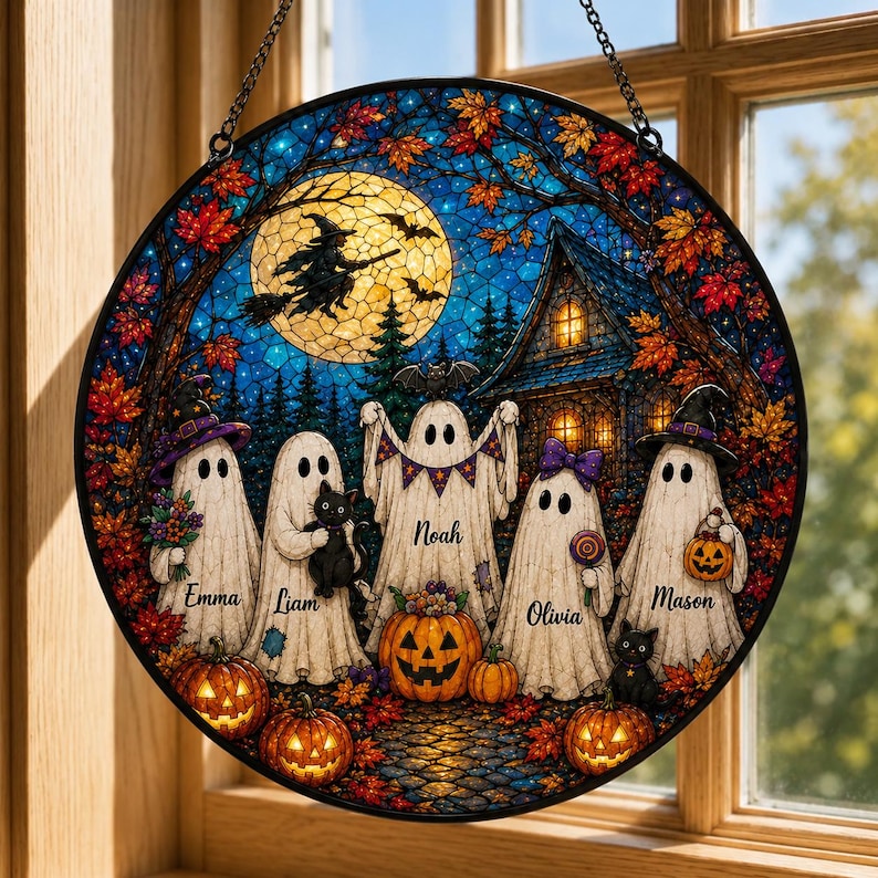Personalized Halloween Ghost Family Suncatcher, Custom Name Stained Glass Window Hanging, Spooky Fall Decor