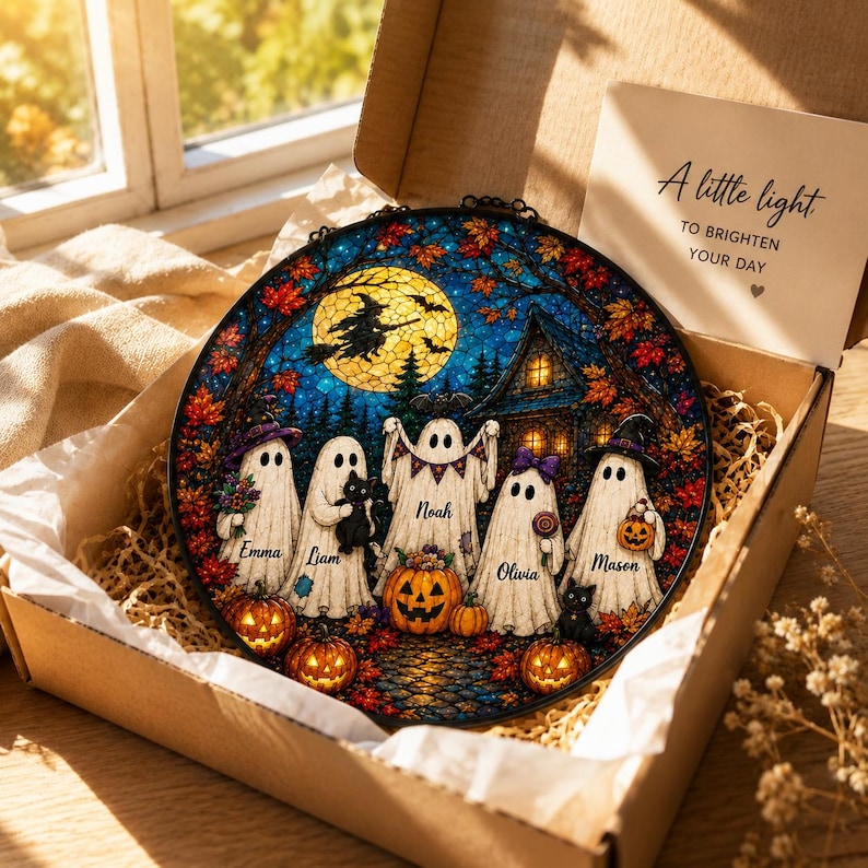 Personalized Halloween Ghost Family Suncatcher, Custom Name Stained Glass Window Hanging, Spooky Fall Decor