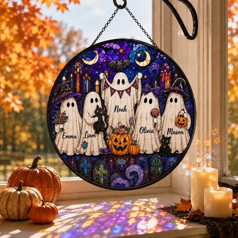Personalized Halloween Ghost Family Suncatcher, Custom Name Stained Glass Window Hanging, Spooky Fall Decor