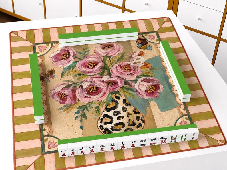 Vibrant Floral Leopard Print Mahjong Mat, Pink Peony Art Table Cover, Butterfly Decor Game Night Fun