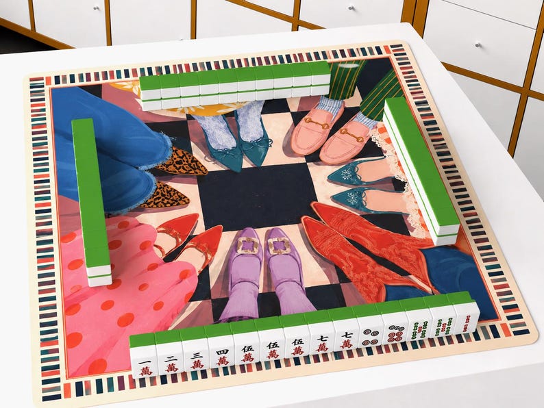 Vibrant Shoe Print Mahjong Mat, Grandmillennial Eclectic Table Cover