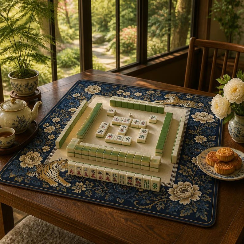 Tiger & Peony Mahjong Mat, Arts Game Mat, Victorian Botanical Non Slip Mat, for Novices And Experienced Players