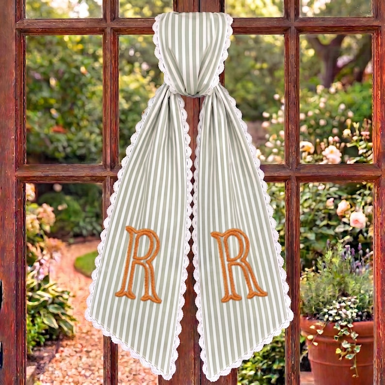 Embroidered Monogram Fall Sash, Sage Green Ticking Stripe Wreath Bow with Pumpkins, Autumn Harvest Front Door Decor