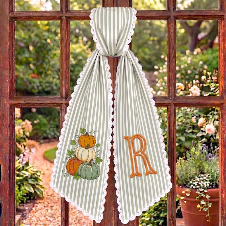 Embroidered Monogram Fall Sash, Sage Green Ticking Stripe Wreath Bow with Pumpkins, Autumn Harvest Front Door Decor