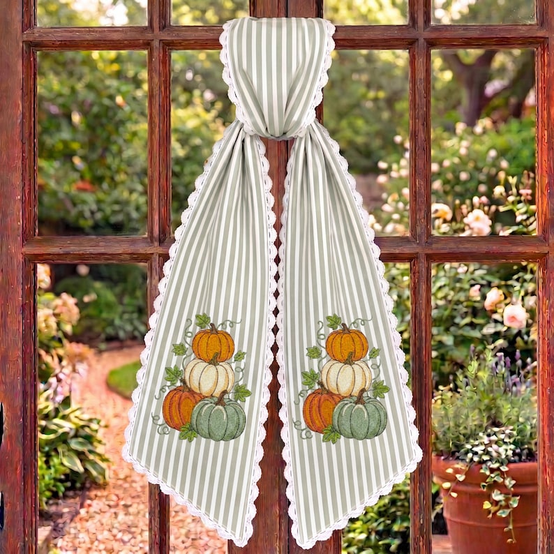 Embroidered Monogram Fall Sash, Sage Green Ticking Stripe Wreath Bow with Pumpkins, Autumn Harvest Front Door Decor