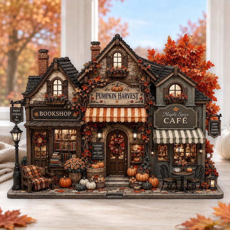 Autumn Village Wooden Block, Pumpkin Harvest Cafe Sign, Cozy Fall Shelf Decor, Book Lover Gift