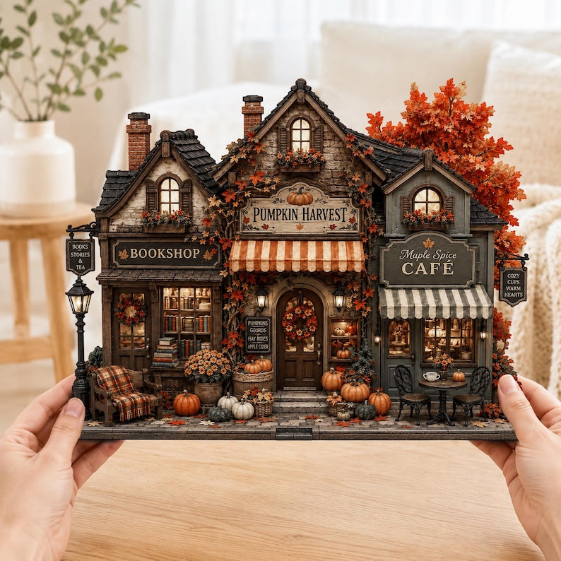 Autumn Village Wooden Block, Pumpkin Harvest Cafe Sign, Cozy Fall Shelf Decor, Book Lover Gift