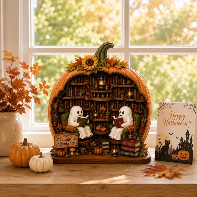 Personalized Reading Ghost Halloween Wood Sign, Book Stack Pumpkin BookShelf Decor, Reading Nook Gift