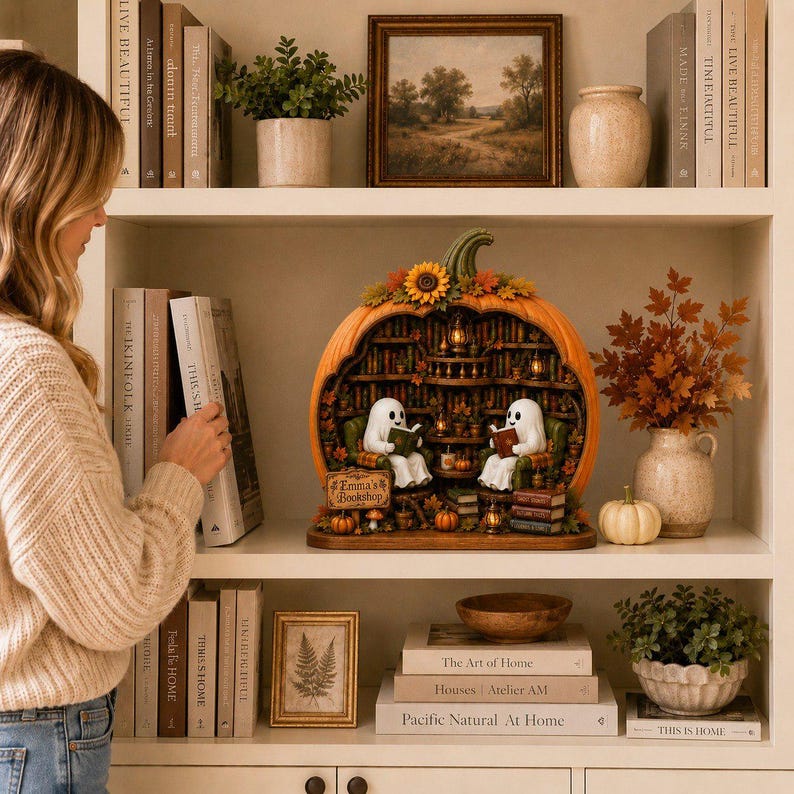 Personalized Reading Ghost Halloween Wood Sign, Book Stack Pumpkin BookShelf Decor, Reading Nook Gift
