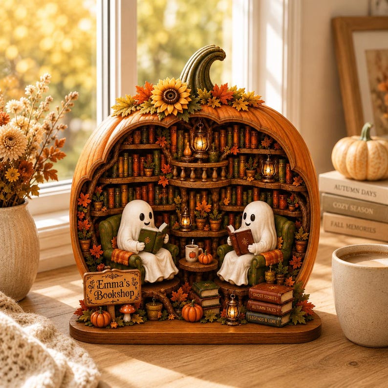 Personalized Reading Ghost Halloween Wood Sign, Book Stack Pumpkin BookShelf Decor, Reading Nook Gift