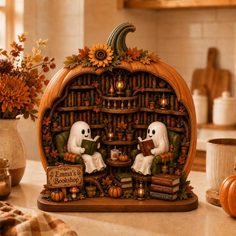 Personalized Reading Ghost Halloween Wood Sign, Book Stack Pumpkin BookShelf Decor, Reading Nook Gift
