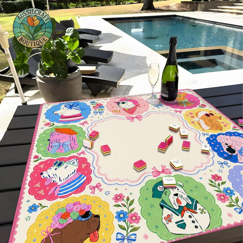 Custom Dog Portrait Mahjong Mat, Whimsical Pet Game Table Runner, American Mahjong Gift