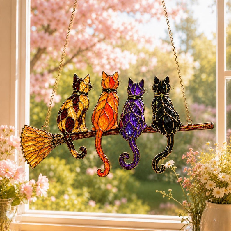 Cats on Broom Suncatcher Window Hanging, Witchy Halloween Garden Decor, Cat Lover Gift