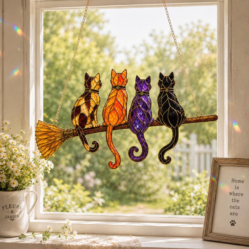 Cats on Broom Suncatcher Window Hanging, Witchy Halloween Garden Decor, Cat Lover Gift