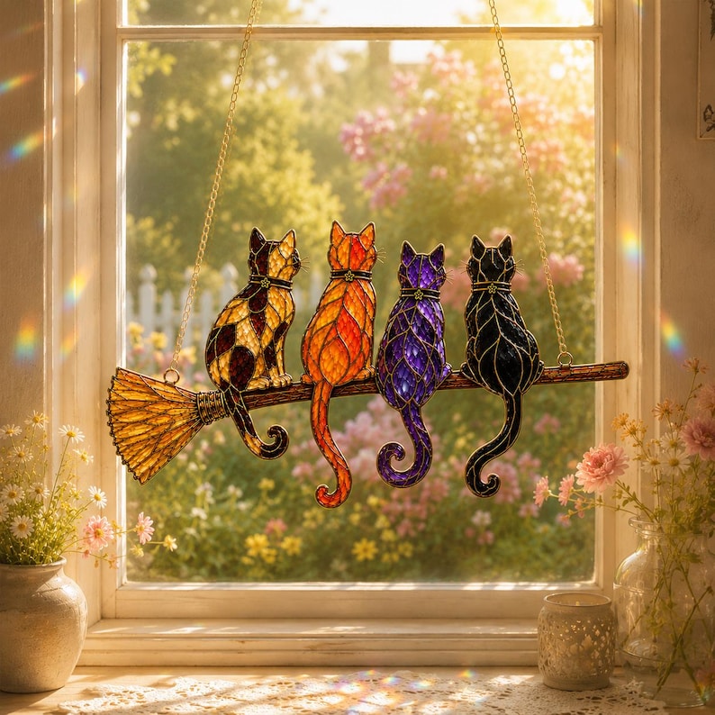 Cats on Broom Suncatcher Window Hanging, Witchy Halloween Garden Decor, Cat Lover Gift