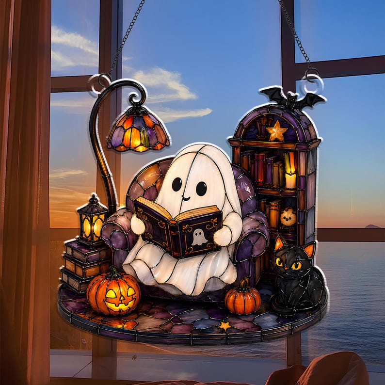 Cute Ghost Reading Book Acrylic Ornament, Halloween Window Hanging, Cat Lover Gift, Book Lover Gift
