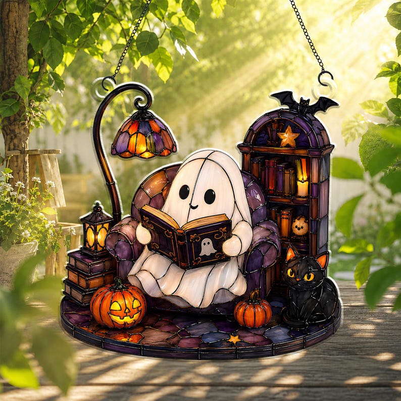 Cute Ghost Reading Book Acrylic Ornament, Halloween Window Hanging, Cat Lover Gift, Book Lover Gift