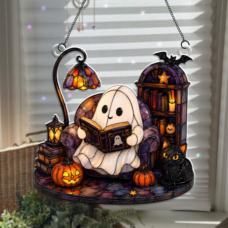 Cute Ghost Reading Book Acrylic Ornament, Halloween Window Hanging, Cat Lover Gift, Book Lover Gift