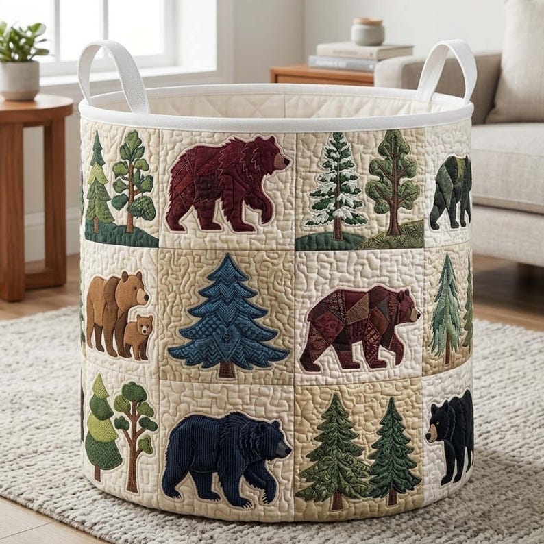 Woodland Quilted Laundry Basket, Bear Forest Clothes Hamper, Rustic Cabin Storage Bin