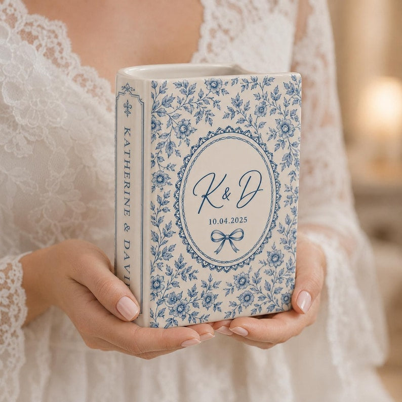 Custom Toile De Jouy Ceramic Book Vase, Personalised Wedding Gift for Couple, Floral Book Shaped Vase