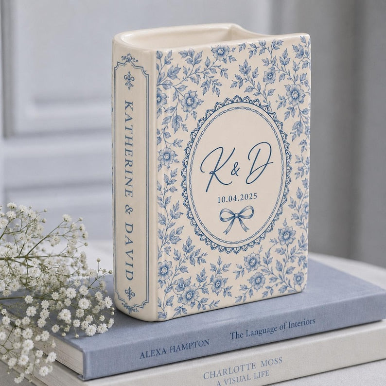 Custom Toile De Jouy Ceramic Book Vase, Personalised Wedding Gift for Couple, Floral Book Shaped Vase