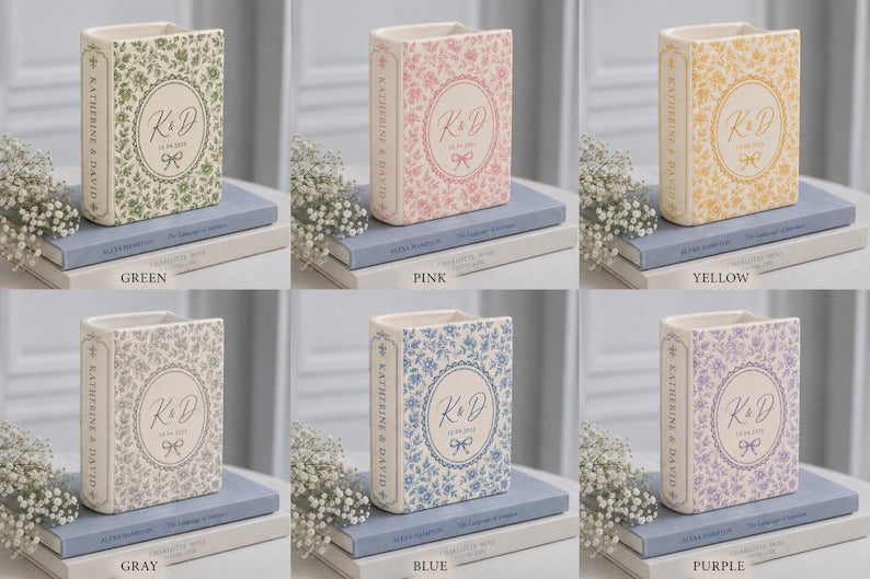 Custom Toile De Jouy Ceramic Book Vase, Personalised Wedding Gift for Couple, Floral Book Shaped Vase