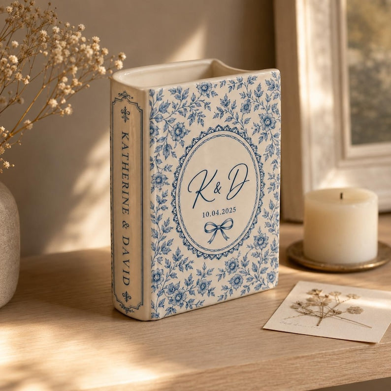 Custom Toile De Jouy Ceramic Book Vase, Personalised Wedding Gift for Couple, Floral Book Shaped Vase