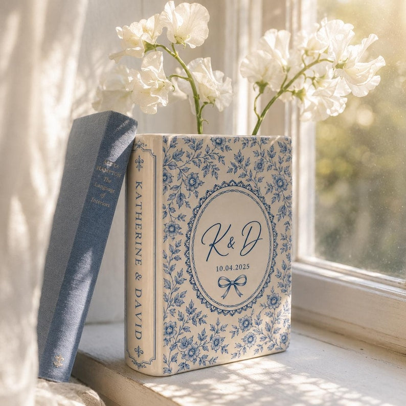 Custom Toile De Jouy Ceramic Book Vase, Personalised Wedding Gift for Couple, Floral Book Shaped Vase