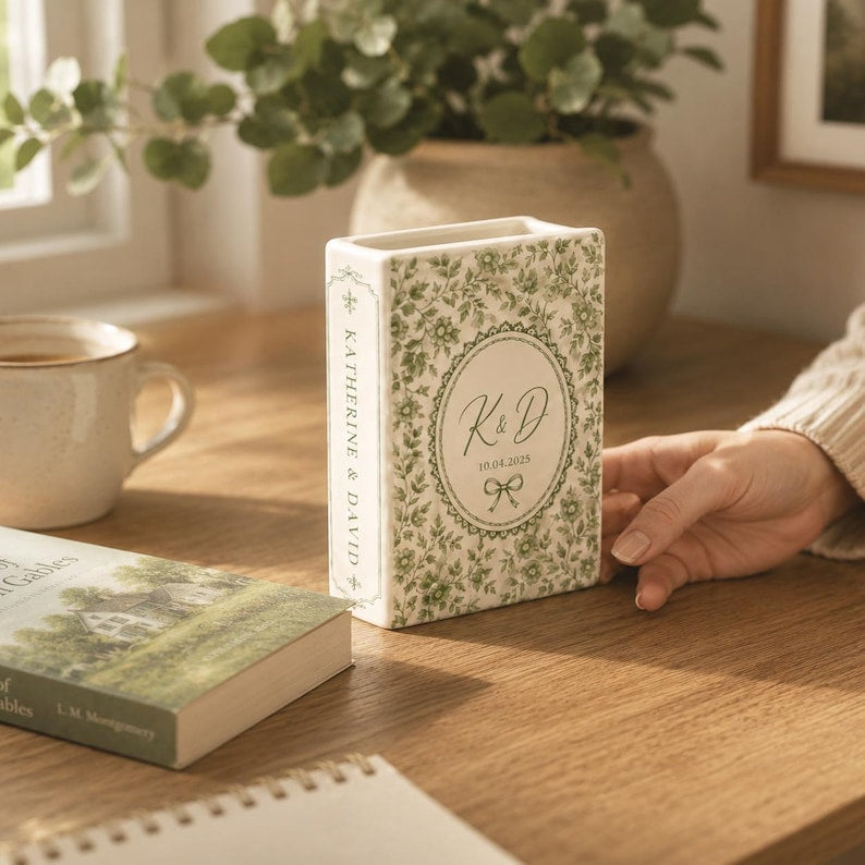 Custom Toile De Jouy Ceramic Book Vase, Personalised Wedding Gift for Couple, Floral Book Shaped Vase