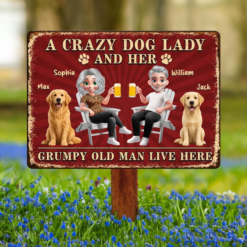 Personalized Crazy Dog Lady Metal Yard Sign, Custom Couple Outdoor Decor