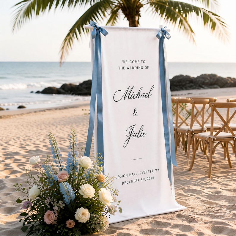 Personalized Wedding Welcome Sign, Sign with Ribbon, Modern Engagement Party Decor