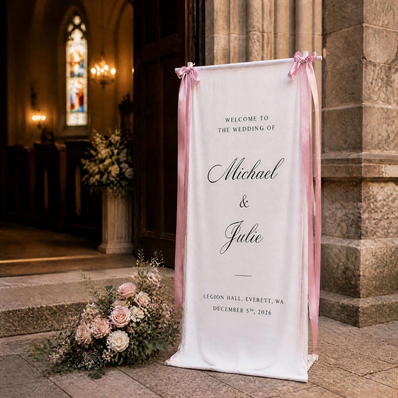 Personalized Wedding Welcome Sign, Sign with Ribbon, Modern Engagement Party Decor