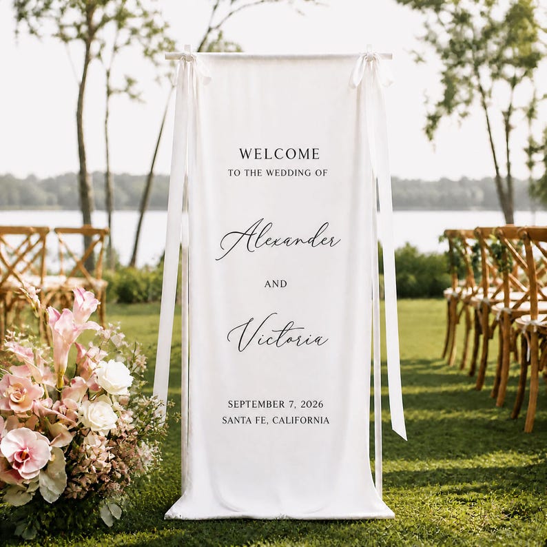 Personalized Wedding Welcome Sign, Sign with Ribbon, Modern Engagement Party Decor