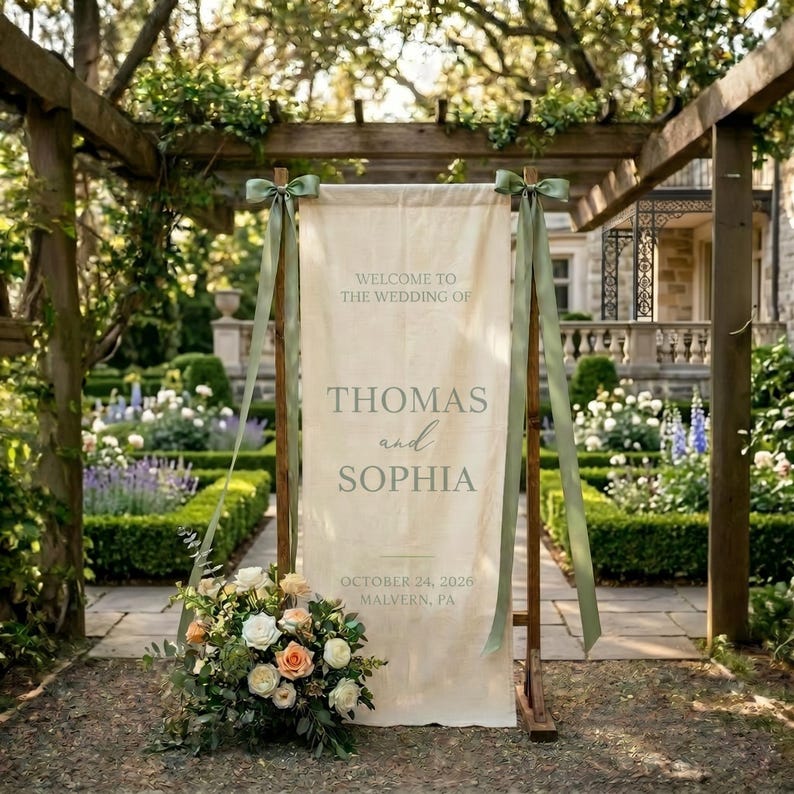 Personalized Wedding Welcome Sign, Sign with Ribbon, Modern Engagement Party Decor