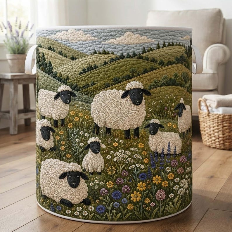 Sheep Heaven Quilted Laundry Basket, Countryside Fabric Hamper, Cute Animal Clothes Hamper