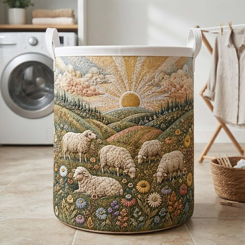 Sheep Meadow Quilted Laundry Basket, Farmhouse Storage Bin, Cute Sheep Clothes Hamper