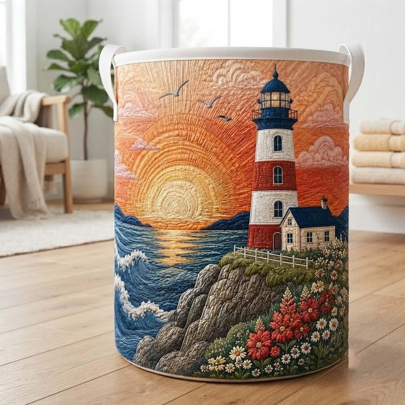 Sunset Ocean Cliff Quilted Laundry Basket, Lighthouse Storage Bin, Ocean Clothes Hamper