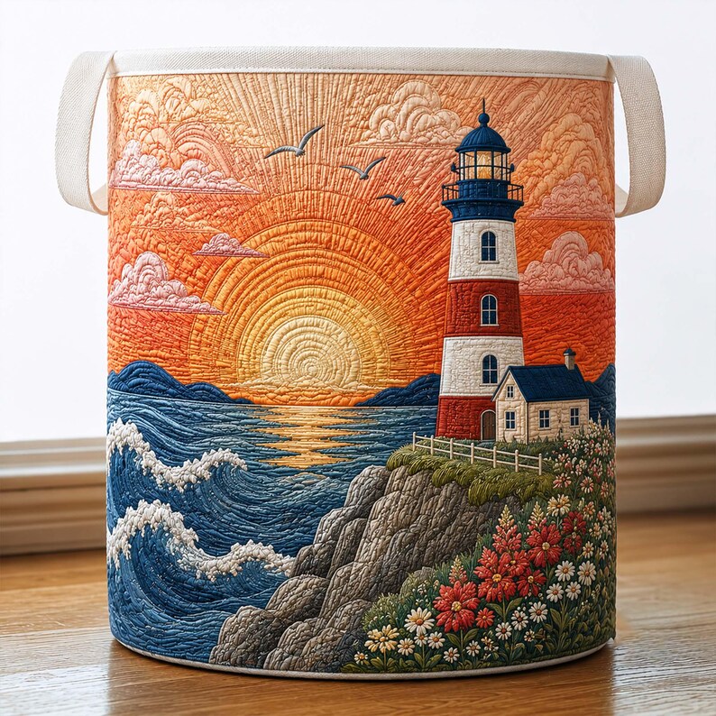 Sunset Ocean Cliff Quilted Laundry Basket, Lighthouse Storage Bin, Ocean Clothes Hamper